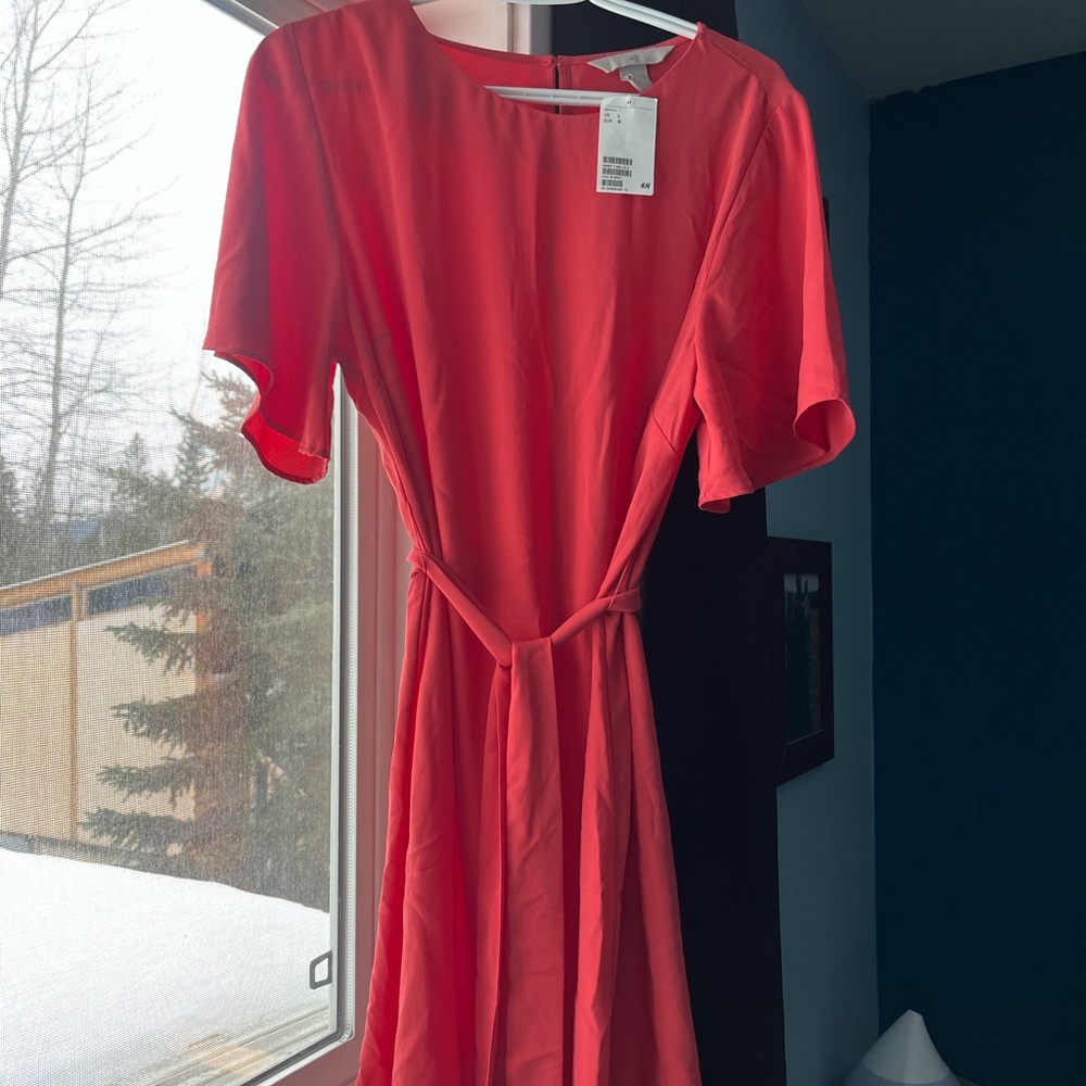 H&M Coral Midi Dress with Tie Waist